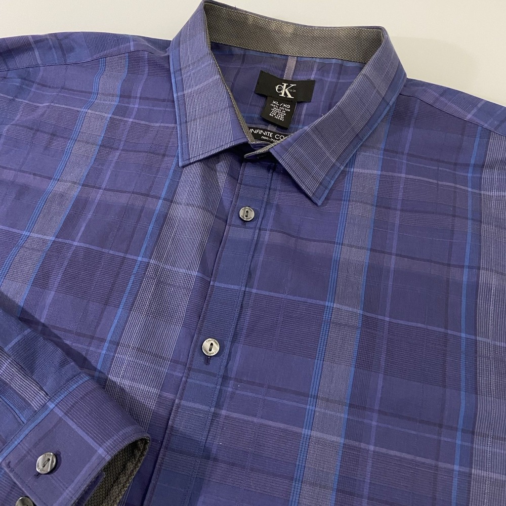 Calvin Klein Infinite Cool Men's Blue Plaid Long Sleeve Dress Shirt - XL